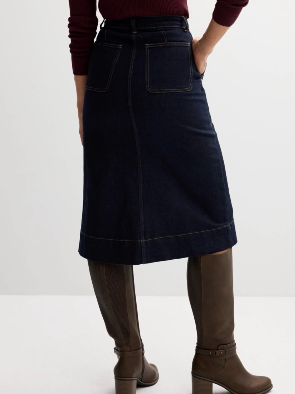 MIDI A-Line Button Front Dark Jean Skirt with Pockets size 14 - Picture 3 of 8